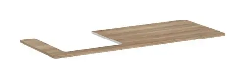 Gerade Holzplatte mit Ausschnitt an der linken Seite, geeignet für einen Aufsatzwaschtisch. Design von Hansgrohe, in Eiche natur gehalten.